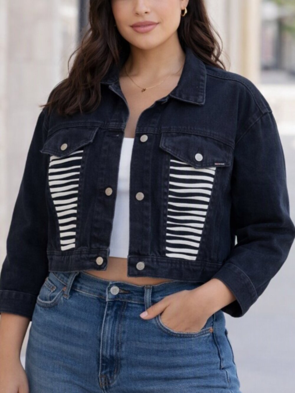 Vintage Dakota Blue Cropped Black Denim Jacket L Streetwear Y2K Hong Kong Made